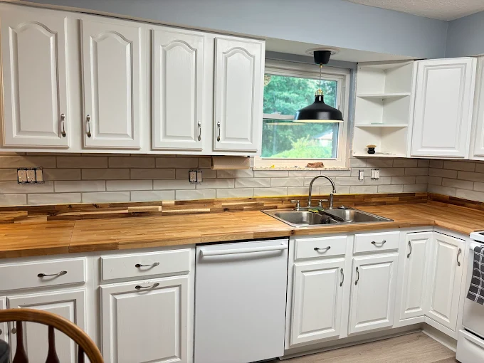 Kitchen Backsplash Tile & Butcher Block Countertop